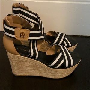 Black and white striped Tommy Hilfiger wedges
